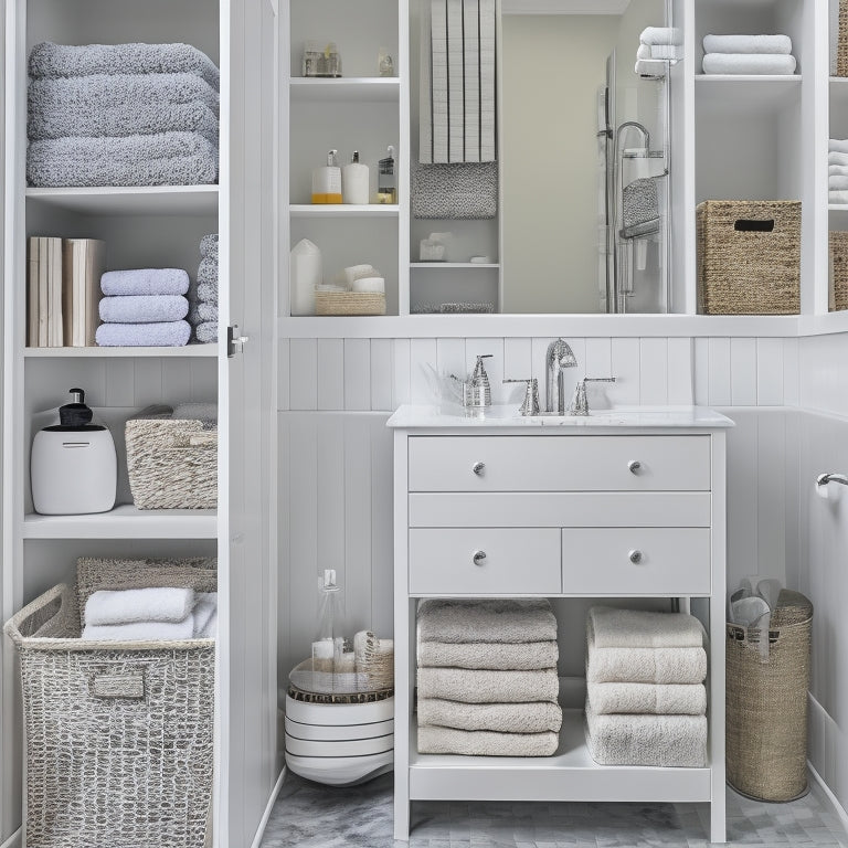 A neatly organized bathroom closet with shelves, baskets, and bins, featuring a tiered storage unit, a mirror, and a few rolled towels, all set against a calming white and gray background.