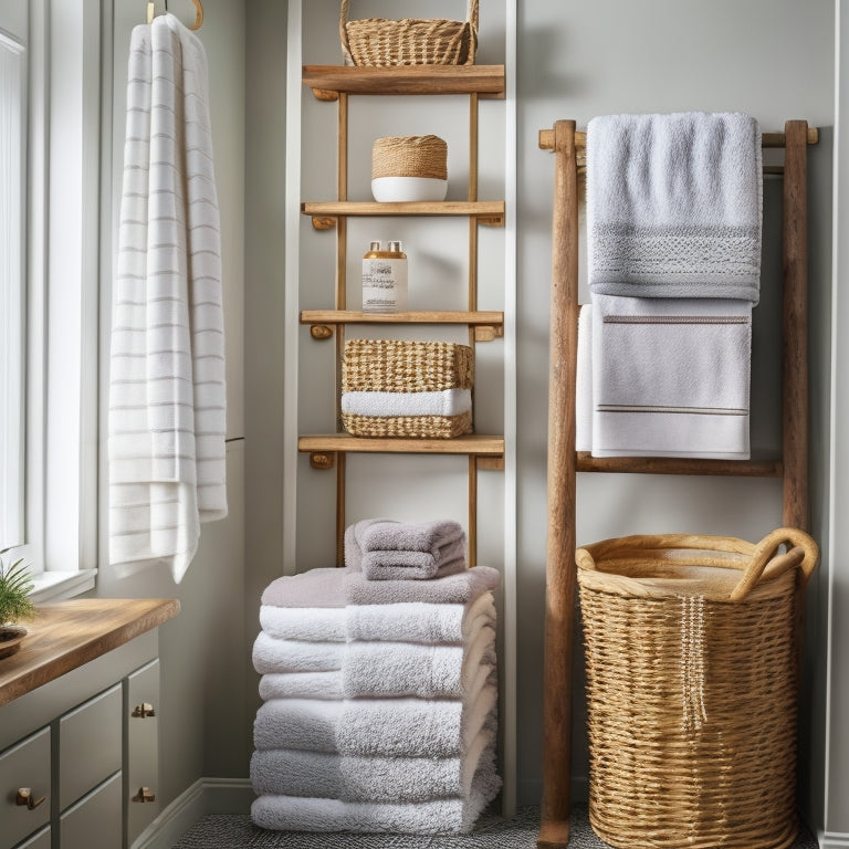 A clutter-free bathroom with a wall-mounted wooden ladder repurposed as a towel rack, holding three rolled towels, and a woven basket on the floor storing extra towels and toiletries.