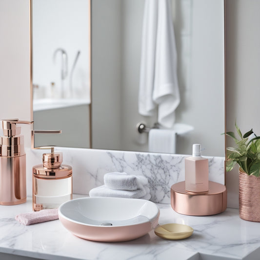 A modern bathroom with white walls, marble countertops, and a large mirror, featuring H&M bathroom accessories in rose gold and white, including a soap dispenser, toothbrush holder, and towels.