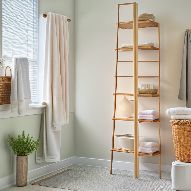 A sleek, modern bathroom with a ladder shelf unit against a white wall, holding three folded towels, a decorative basket, and a few toilet accessories, with a subtle natural light glow.