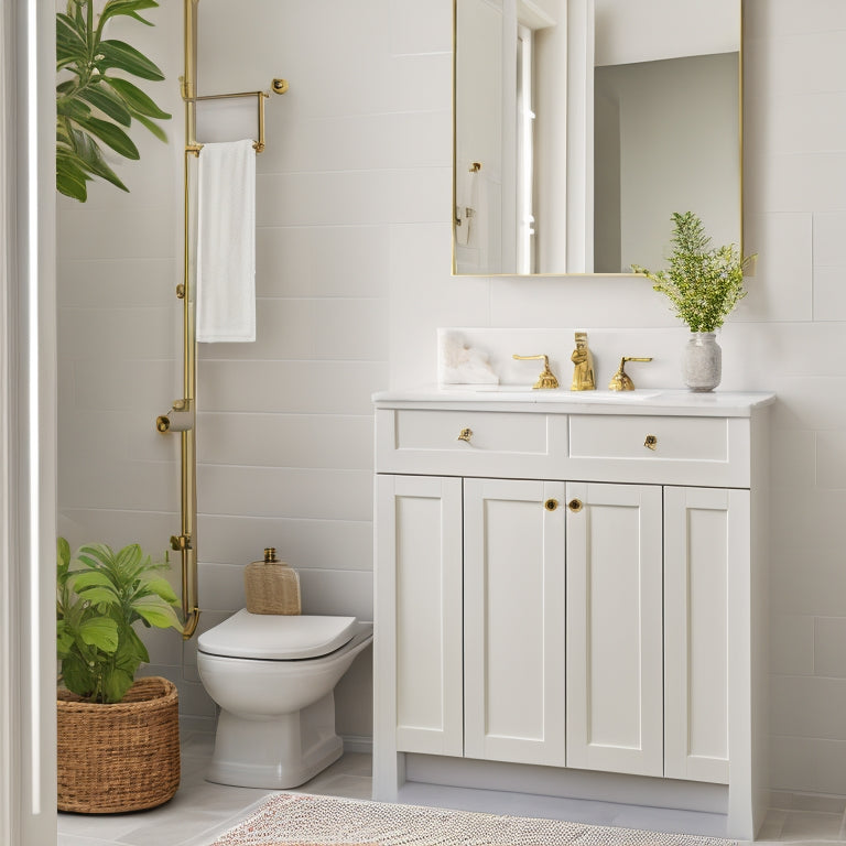 A tidy, minimalist bathroom with a small, wall-mounted cabinet, a pedestal sink with a slide-out drawer, and a woven basket tucked beside the toilet, surrounded by calm, white marble tiles.