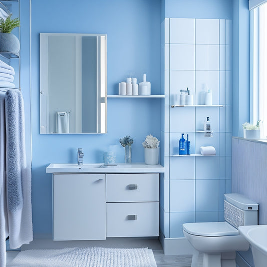 A modern, sleek bathroom with a wall-mounted bath organizer featuring a self-draining design, holding various toiletries and a few water droplets on its surface, surrounded by a calming, light-blue ambiance.