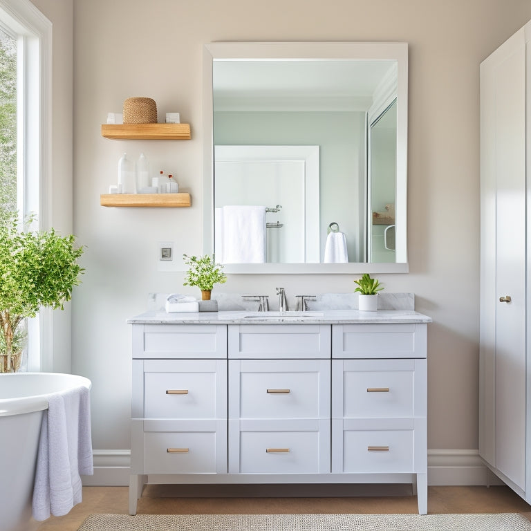 A bright, airy bathroom with a large, wall-mounted modern vanity cabinet in a matte white finish, paired with a sleek, chrome faucet and a decorative mirror above.