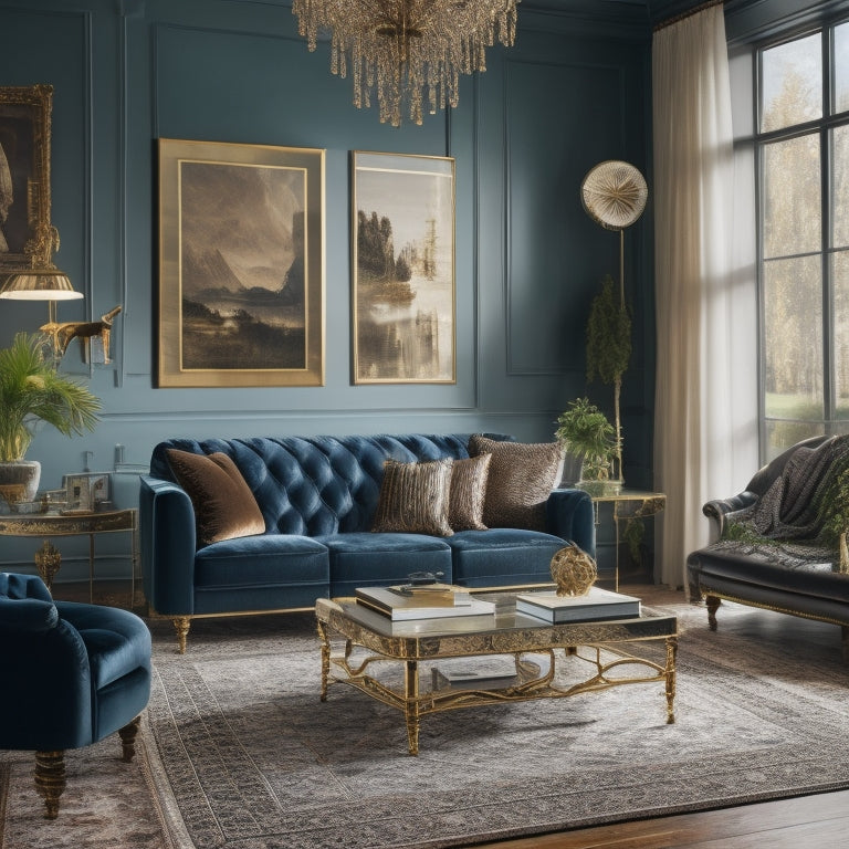 A stylish living room with a mix of high-end and thrift store pieces, featuring a plush velvet sofa, a vintage rug, and a show-stopping chandelier above a DIY coffee table.