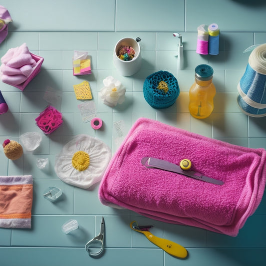 A colorful, clutter-free bathroom countertop with a sewing machine, scissors, fabric scraps, and a few plastic bath toys scattered around, with a partially sewn mesh bag in the center.