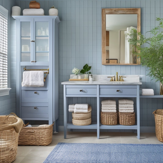 A serene bathroom with a double sink vanity, featuring a tiered shelving unit above the countertops, holding woven baskets, apothecary jars, and rolled towels, against a soft, gray-walled background.