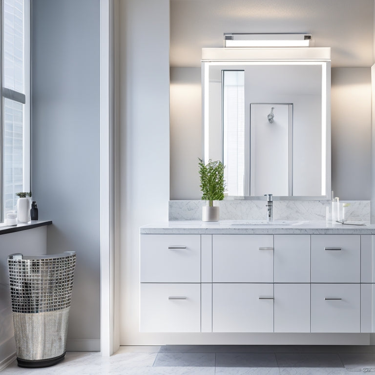 A modern bathroom with a sleek, wall-mounted glass door vanity cabinet in a polished chrome frame, adorned with subtle LED lighting, sitting atop a gleaming white quartz countertop.