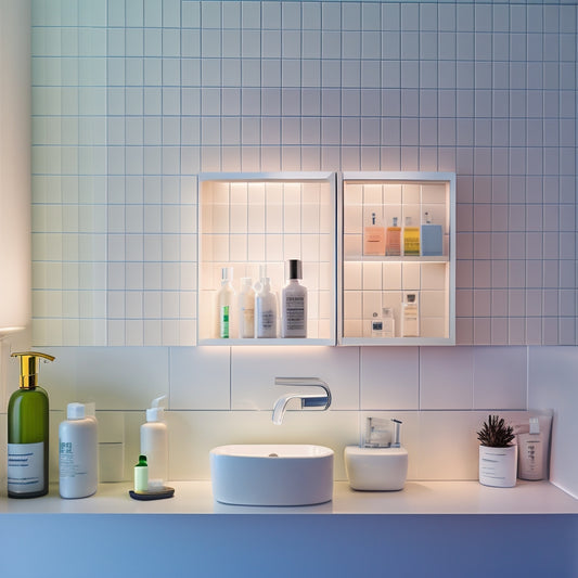 A modern, white-tiled bathroom with a sleek, wall-mounted shelf featuring a built-in LED strip light, illuminating a neatly arranged selection of luxurious toiletries and decorative bottles.
