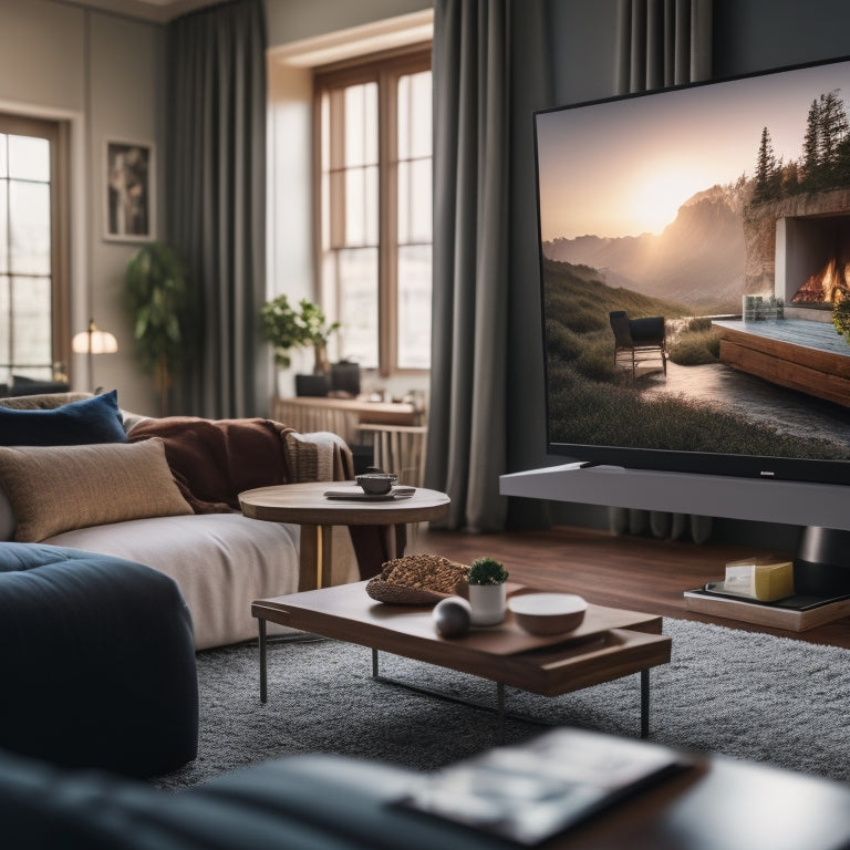 A modern home interior with a laptop open on a coffee table, displaying a Canva design page, seamlessly connected to a smart home management system interface on a large TV screen in the background.