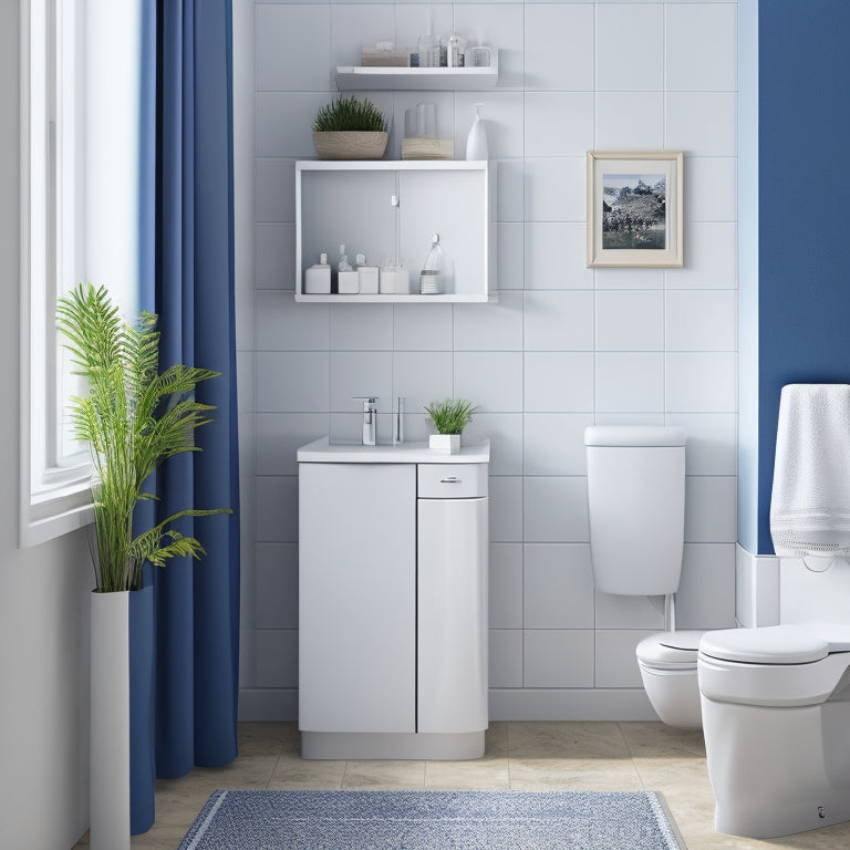 A minimalist illustration of a compact bathroom featuring a wall-mounted cabinet, a pedestal sink with built-in storage, and a shower caddy with hanging baskets, all in a calming blue and white color scheme.