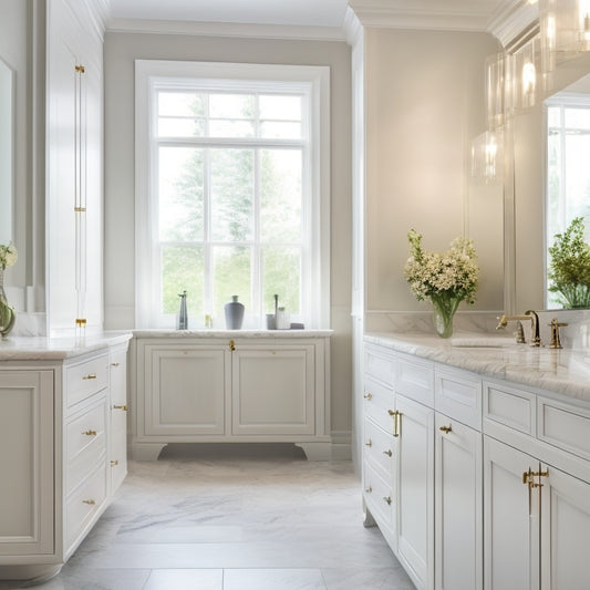 A serene bathroom scene featuring floor-to-ceiling white cupboards with soft-close doors, gleaming chrome hardware, and ambient LED lighting, set against a backdrop of creamy marble and a freestanding tub.