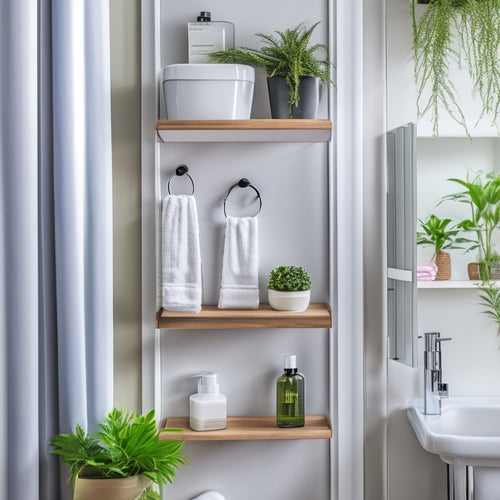 A stylish, compact bathroom organizer with multiple compartments, filled with toiletries, hanging on a sleek door hook in a modern apartment bathroom, surrounded by plants and soft lighting, exuding a cozy, organized vibe.