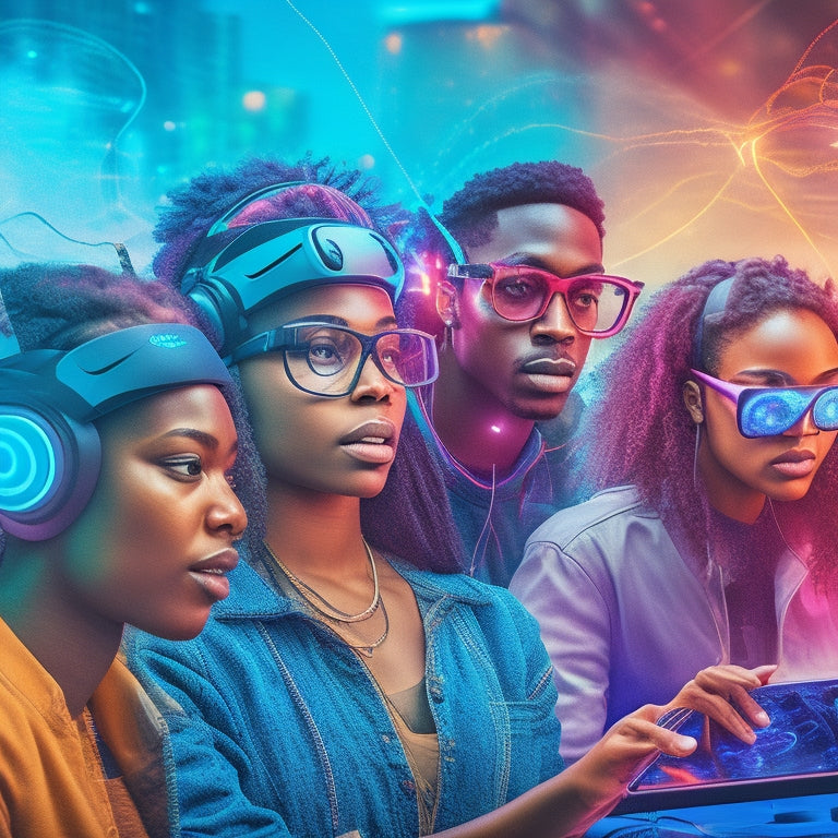 An illustration of a diverse group of students surrounded by glowing screens, virtual reality headsets, and tablets, amidst a swirling vortex of colorful wires, circuits, and gears, set against a blurred cityscape background.