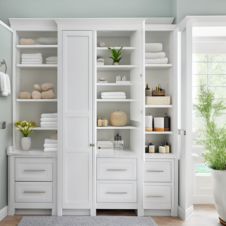 A serene bathroom with a large, wall-mounted cabinet featuring three adjustable shelves, filled with neatly organized toiletries, towels, and decorative items, against a soft, white background.