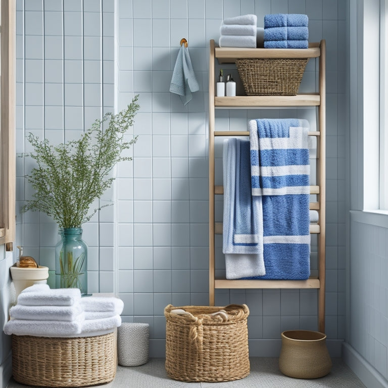 A serene, well-lit bathroom with a wall-mounted, ladder-like shelving unit holding rolled towels, a woven basket, and a few decorative jars, against a calming, soft blue background.