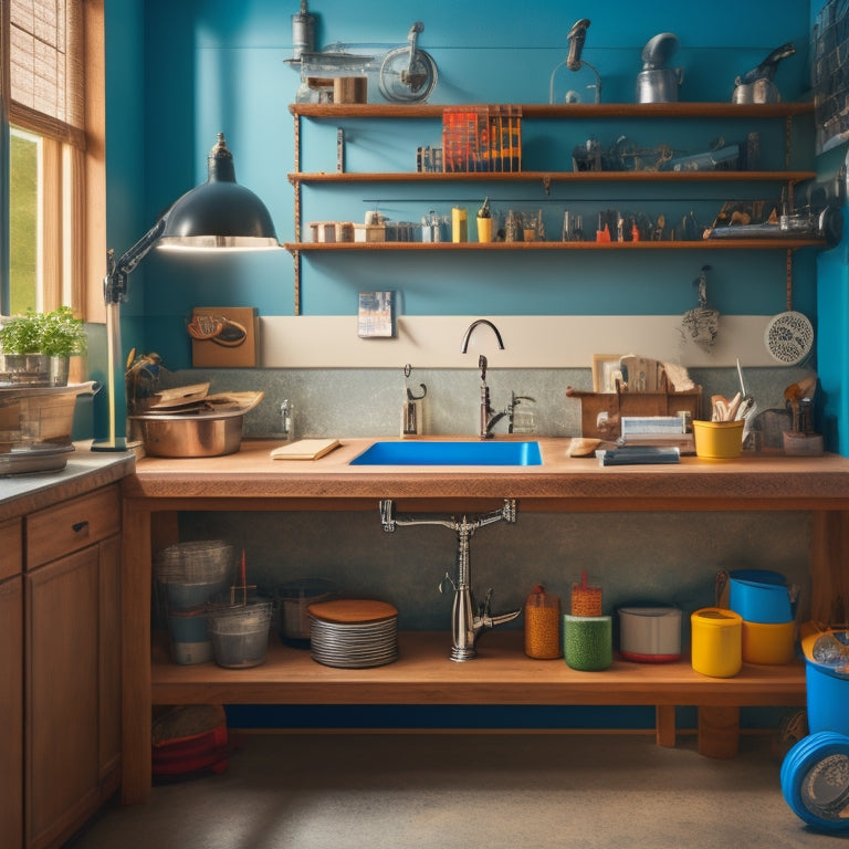 A DIY workspace with a sink and pipes in the background, surrounded by various shelving materials, tools, and a measuring tape, with a partially installed shelf above the sink.