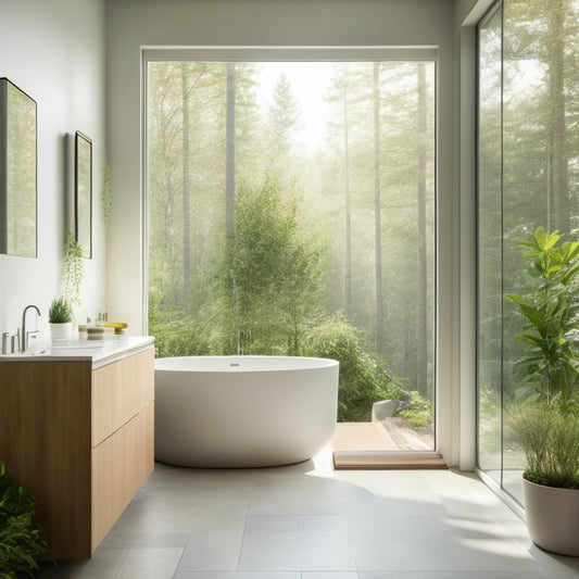 A serene, minimalist bathroom with a freestanding tub, sleek countertops, and a spacious walk-in shower, surrounded by calming greenery and soft, natural light pouring in through a large window.