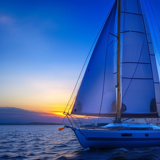 A sleek, dark blue J/109 sailboat at sunset, with a subtle glow emanating from the cockpit, surrounded by navigational charts, ropes, and sailing gear, set against a soft, gradient blue background.