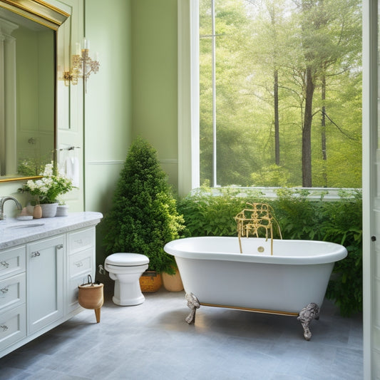 A serene, spacious bathroom with creamy marble countertops, polished chrome fixtures, and a freestanding tub, featuring a elegant, wall-mounted cabinet with ornate metalwork, surrounded by lush greenery.