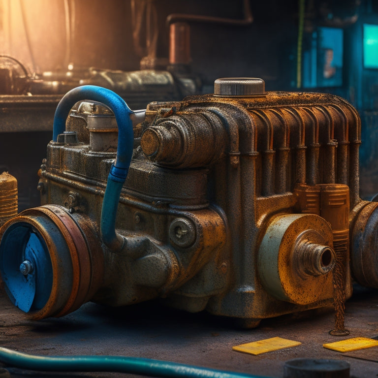 A gritty, close-up illustration of a Ford F150's engine block with old, worn-out radiator hoses and a rusty water pump, surrounded by tools and engine components, set against a dark, greasy workshop background.