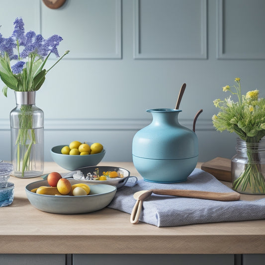 A serene, decluttered kitchen countertop with a few, carefully arranged essentials: a small vase with fresh flowers, a wooden spoon, and a few cookbooks stacked neatly beside a tidy utensil holder.