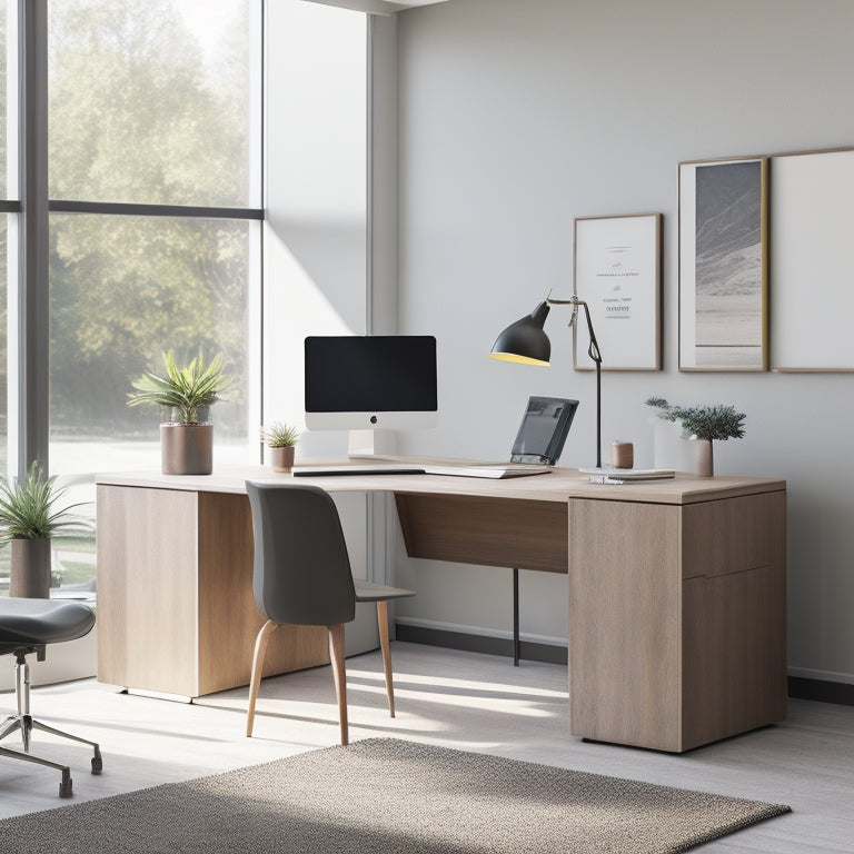 A minimalist, modern workspace featuring a sleek, modular Modstation desk with removable compartments, ergonomic chair, and carefully arranged office supplies in a calm, natural-light-filled environment.