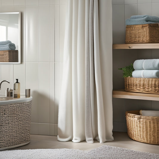 A serene, modern bathroom with a wall-mounted, chrome-finished cabinet, a woven basket on a shelf, and a few rolled towels on a wooden ladder, surrounded by soft, warm lighting.