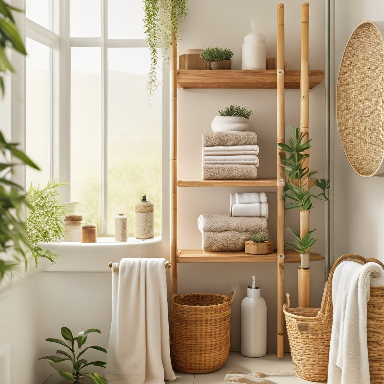 A serene bathroom scene featuring elegant bamboo shelves, neatly organized toiletries, a stylish bamboo ladder for towels, and decorative plants, all set against soft, neutral-toned walls and natural light streaming through a frosted window.