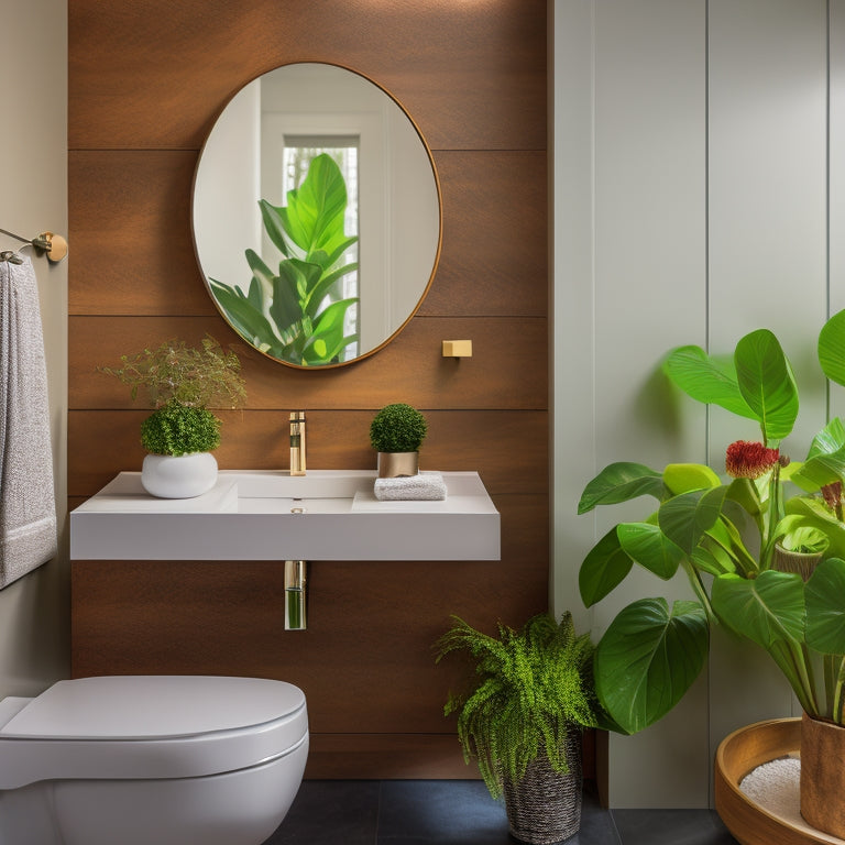 A sleek, modern small bathroom with a wall-mounted floating vanity shelf in a warm wood tone, adorned with a few decorative bottles and a small potted plant, reflecting in a large mirror.