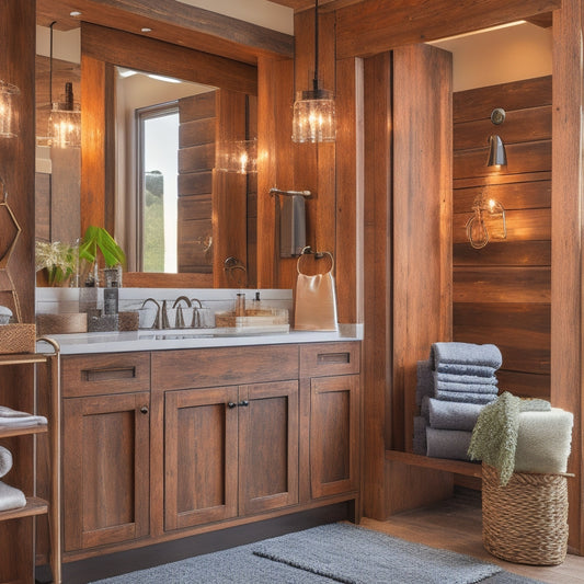 An image of a rustic wood bathroom with mismatched wood tones, clashing metal fixtures, and a busy, overly-accessorized vanity, surrounded by dim, unflattering lighting and a lack of negative space.