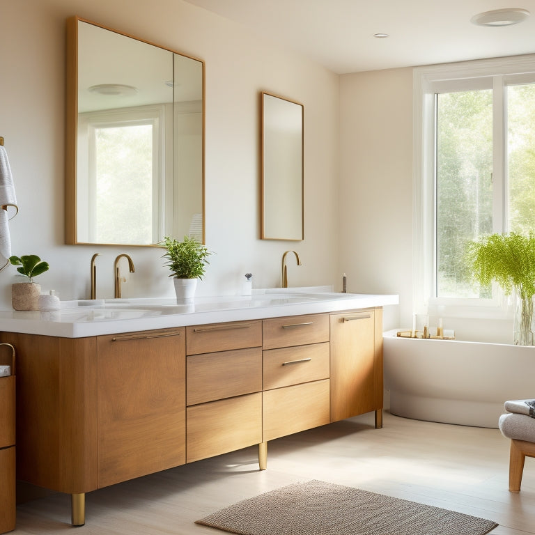 A serene, modern bathroom with 10 wooden drawers of varying sizes, arranged artfully around a sleek, white sink and a large, floor-to-ceiling mirror, surrounded by soft, natural light.