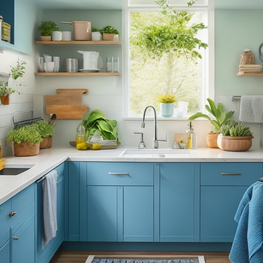 A bright, modern kitchen with a tidy, clutter-free sink area, featuring a sliding drawer or pull-out shelf under the sink, filled with neatly organized cleaning supplies and a few decorative plants.