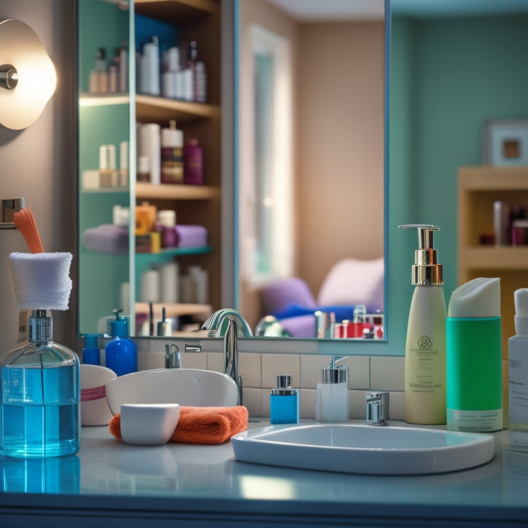 A cluttered small bathroom cabinet with toiletries and beauty products spilling out, with a mirror in the background reflecting a messy countertop and a few towels scattered on the floor.