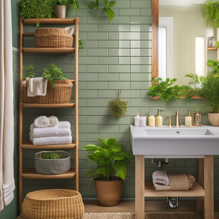 A stylized bathroom with a floating shelf above the sink, woven baskets under the vanity, and a ladder leaning against the wall, holding towels and a potted plant.