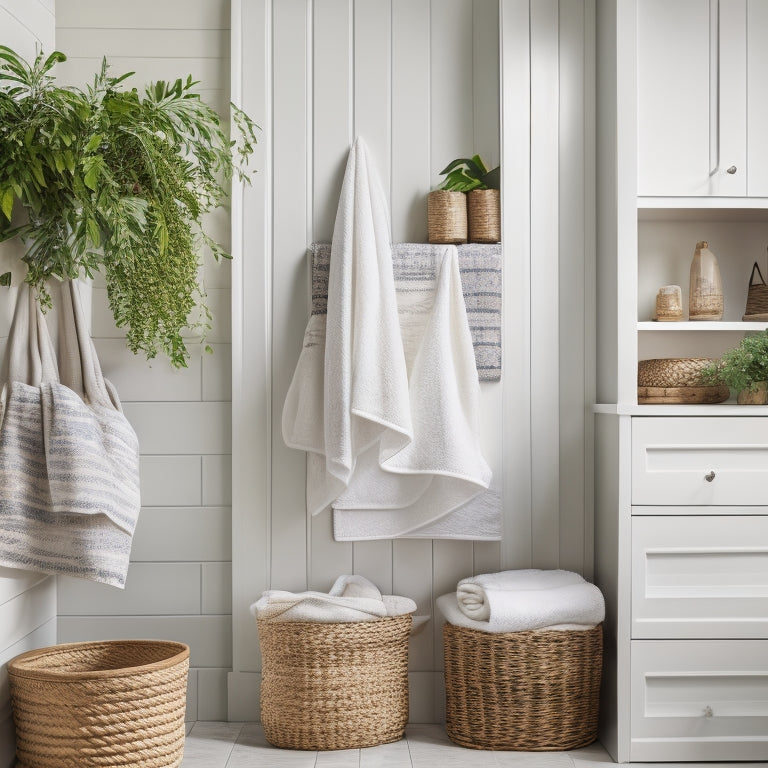 A serene, white linen closet with neatly folded towels and bed sheets stacked on custom wooden shelves, adorned with woven baskets and a few potted plants on a marble countertop.