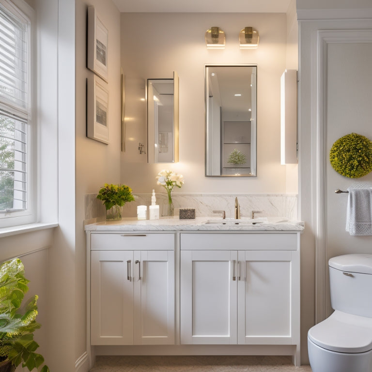 A stylish bathroom with a large, recessed lit medicine cabinet featuring soft, warm lighting, surrounded by sleek, white countertops and a modern sink, with a few decorative toiletries.