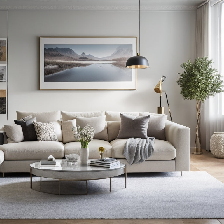 A serene, well-lit, minimalist living room with a few carefully selected, high-end home decor items, including a sleek coffee table, a plush area rug, and a statement piece of modern art above a chic sectional sofa.