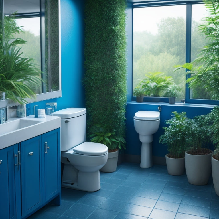 A spotless office restroom with shining sink, toilet, and mirrors, surrounded by lush green plants, and a trash can with a tightly closed lid, against a calming blue background.