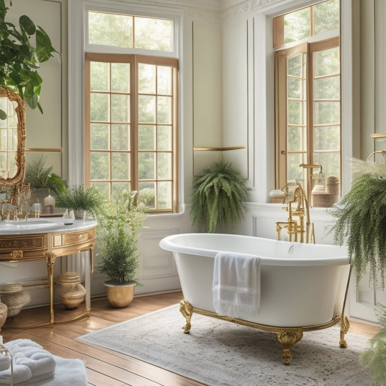 A serene, creamy-white bathroom with ornate, gilded mirrors, rich wood cabinetry, and a freestanding claw-foot tub, surrounded by lush greenery and soft, golden lighting.