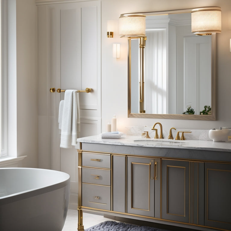 A luxurious bathroom setting with a Symmons Origins Valve Trim fixture as the centerpiece, surrounded by sleek marble countertops, modern fixtures, and a serene natural background with subtle warm lighting.