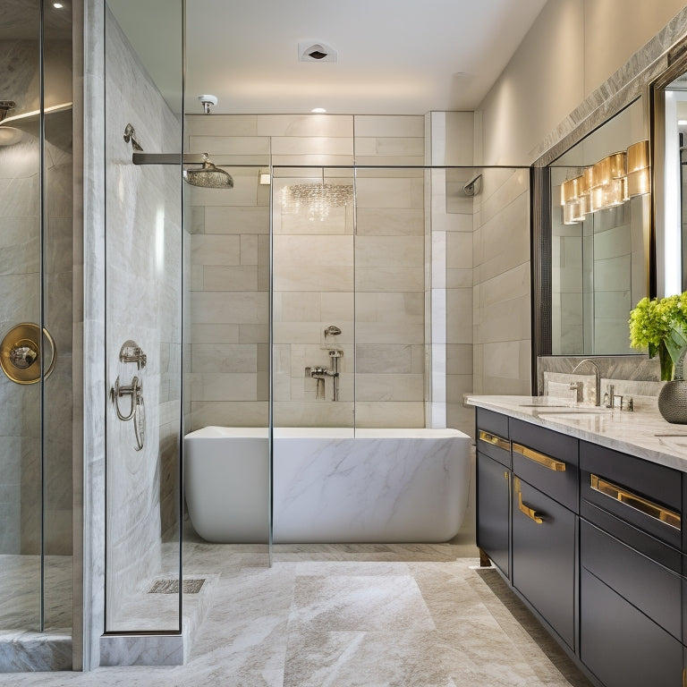 A sleek, modern luxury hotel bathroom with marble countertops, a freestanding tub, and a large walk-in shower, featuring a chrome chamber dispenser mounted on the wall, surrounded by luxurious towels and amenities.