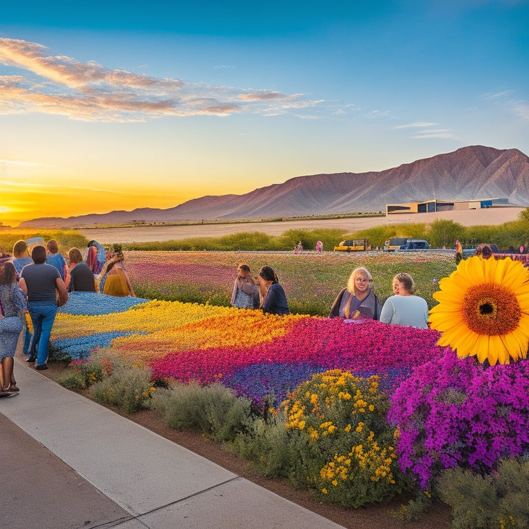 A vibrant, sun-kissed mural depicting intertwined rainbow-colored flowers, surrounded by diverse, joyful individuals of all ages and abilities, set against a warm Rio Grande Valley landscape at sunset.