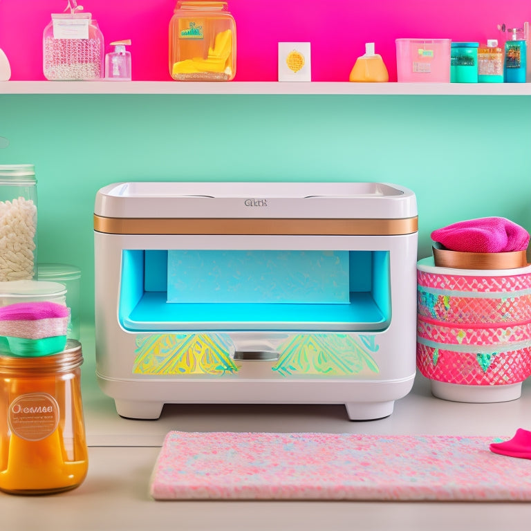 A beautifully styled bathroom countertop with a Cricut Joy machine, surrounded by neatly organized jars, baskets, and bins, adorned with colorful labels and decorative vinyl designs.