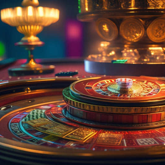 A luxurious, dimly lit casino background with a prominent, gleaming roulette wheel at its center, surrounded by stacks of golden coins and chips, with a few scattered, shimmering diamonds.