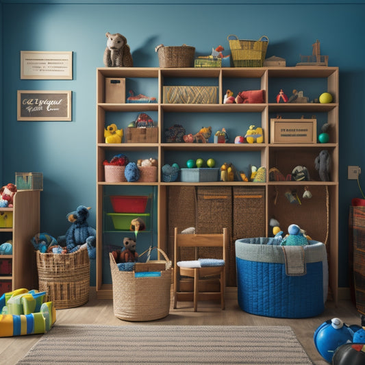 A warm and organized playroom with a large, wooden storage unit against a wall, filled with labeled baskets and bins, surrounded by toys and happy children playing in the background.