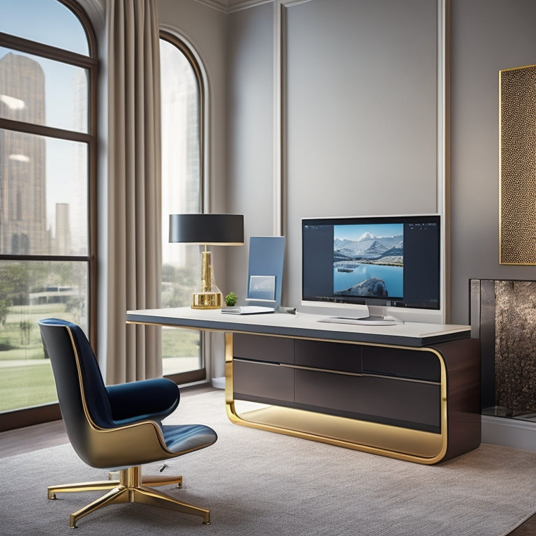 A modern, sleek, and minimalist office desk with a large, high-resolution touchscreen display showcasing a 3D architectural model of a luxurious living room, with a swipe gesture hinting at interactive remodeling options.