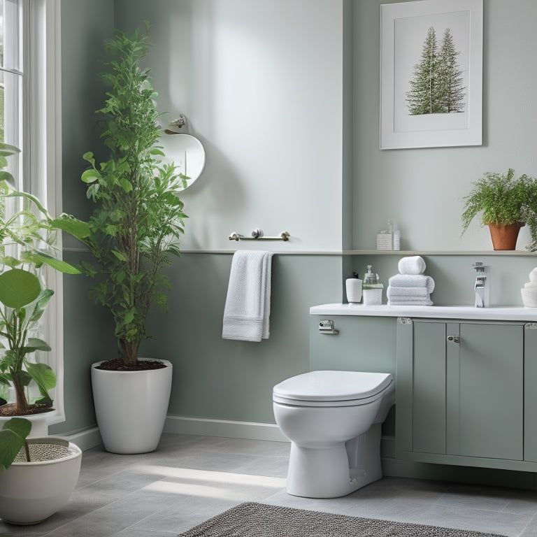 A serene, minimalist bathroom with a wall-mounted cabinet, a pedestal sink, and a compact toilet, featuring a few decorative towels and a small potted plant, in a calming color palette.