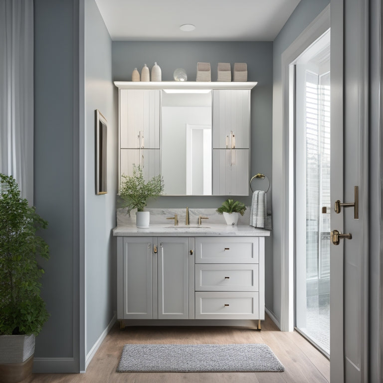 A serene bathroom with a wall-mounted cabinet featuring a sliding mirror door, a recessed medicine cabinet with LED lighting, and a floor-to-ceiling storage unit with a hidden laundry hamper.