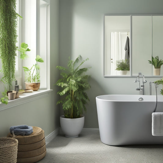 A serene bathroom with a minimalist aesthetic: a freestanding tub, a wall-mounted sink, and a few carefully placed towels and plants, all set against a calming white and gray color scheme.