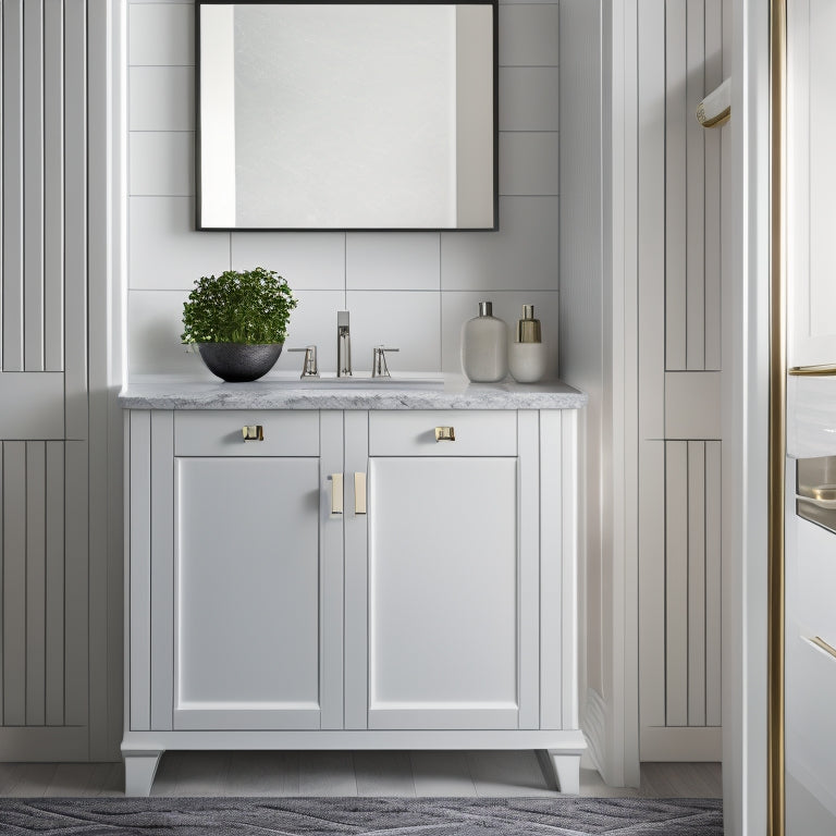 A sleek, white, wall-mounted cabinet with soft-close drawers, adorned with polished chrome hardware, sits above a glossy, dark gray, quartz countertop, surrounded by creamy, marble-like tile and ambient, warm lighting.